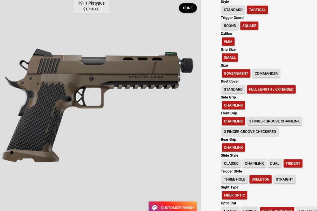 Stealth Arms Platypus double-stack 1911 pistol that accepts Glock magazines