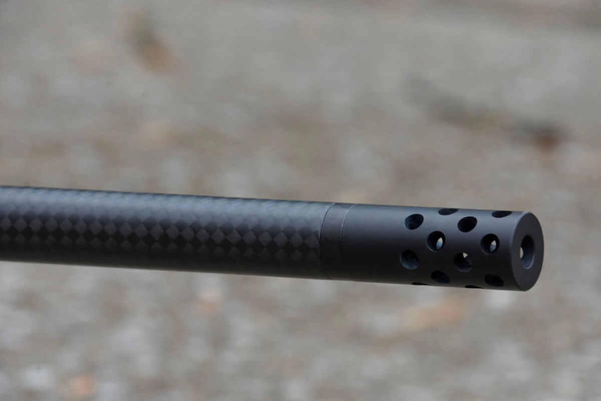 A closer look at the carbon fiber CURE barrel and muzzle brake on the MgLite.