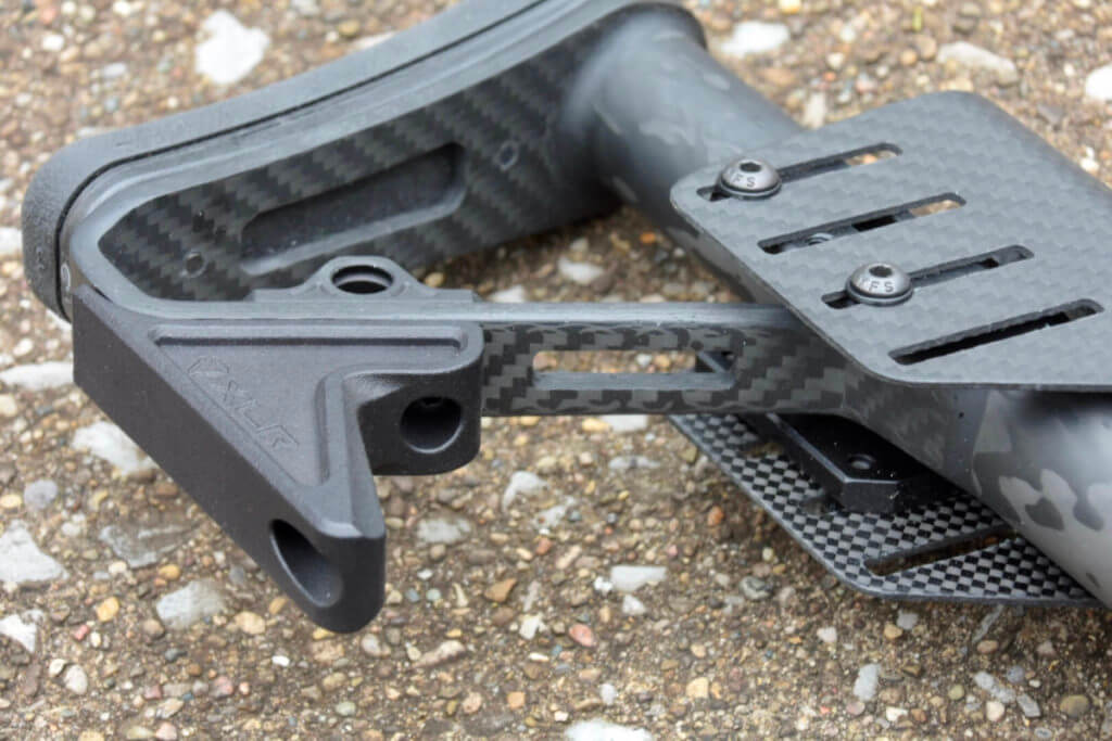 closeup of the XLR Element carbon fiber buttstock.