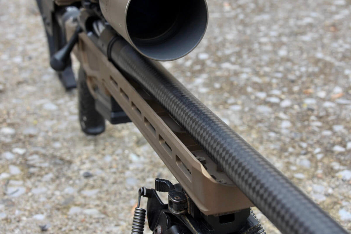 Close up on the MgLite showing the free floated CURE carbon fiber Barrel.