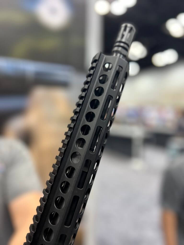 The rifle is outfitted with a 15-inch M-LOK® free-floated aluminum handguard.