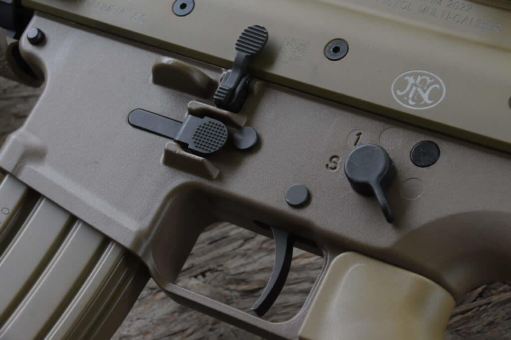 Closeup of the Scar 15P firing controls.