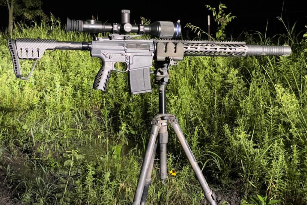 Configuring the Crown Precision Elite in the perfect night hunting configuration by using a Pulsar Thermion XG50 thermal, and AB suppressor sitting on top of a Kopfjager K800 carbon fiber tripod