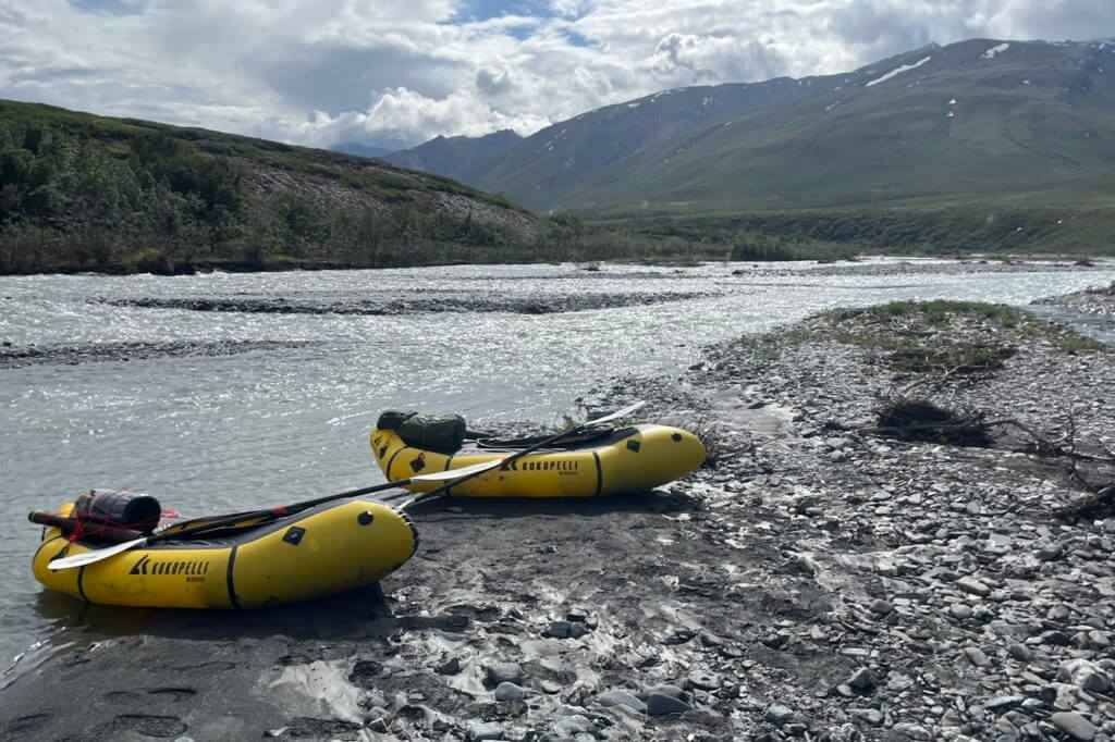 Two Kokopelli Rogue R-Deck's sitting on the edge of the Alatna River in Alaska