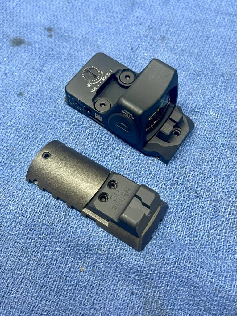 Nighthawk TRS DS iron sights and Trijicon RMR red dot