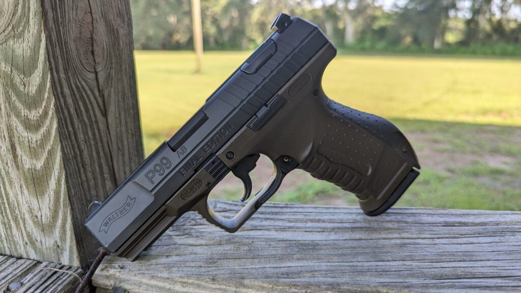 Beautiful Final Edition handgun sitting on wood beam outside in front of grassy space