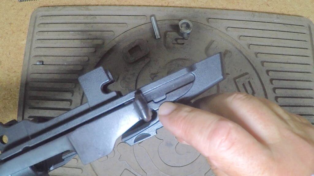 Slide handle notch on Ruger Mini-14 Ranch Rifle receiver.