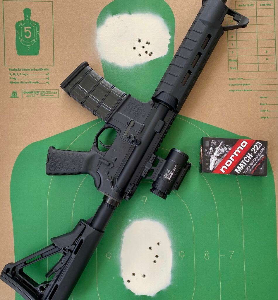 Ar-15 with optic sitting on green target with Norma ammo