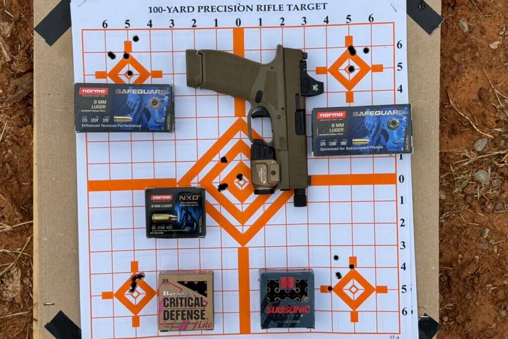 Groups shot from 10 yards. Top left: Norma 115gr , Top right: Norma 124gr, Middle: Norma 65gr, Bottom left: Hornady 100gr, Bottom right: Hornady 147gr