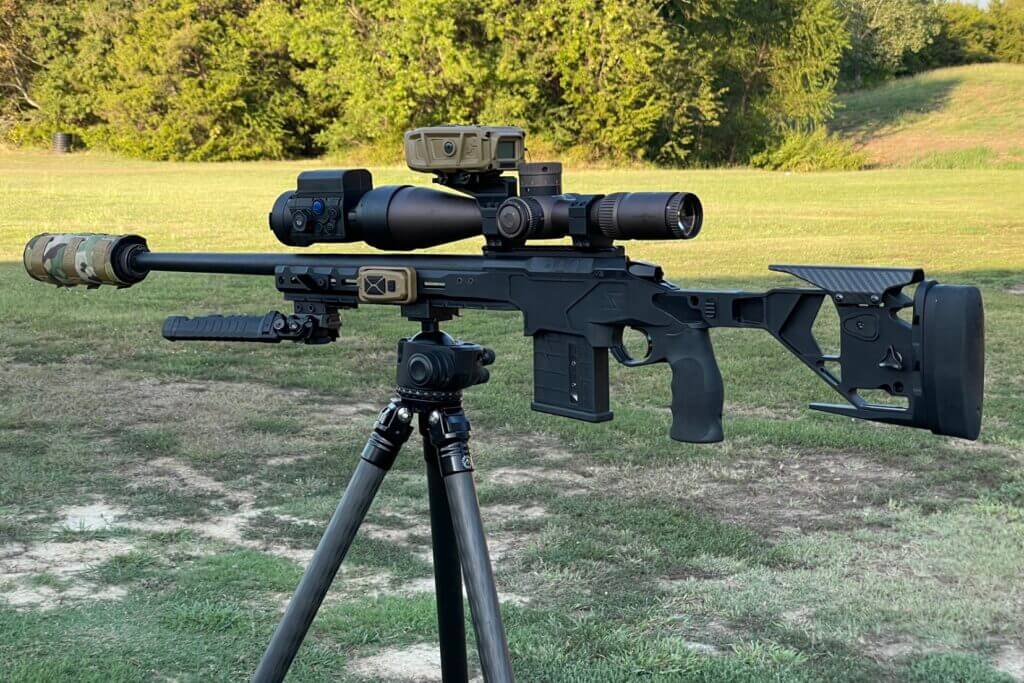 My current night shooting setup: Seekins Precision Havak HIT Pro topped with a Vortex Razor 6-36 & Impact 4000, using a Pulsar Krypton 2 FXG50 with a Silencerco Hybrid 46 with a Cole-Tac suppressor cover on a Two Vets Tripods tripod. 