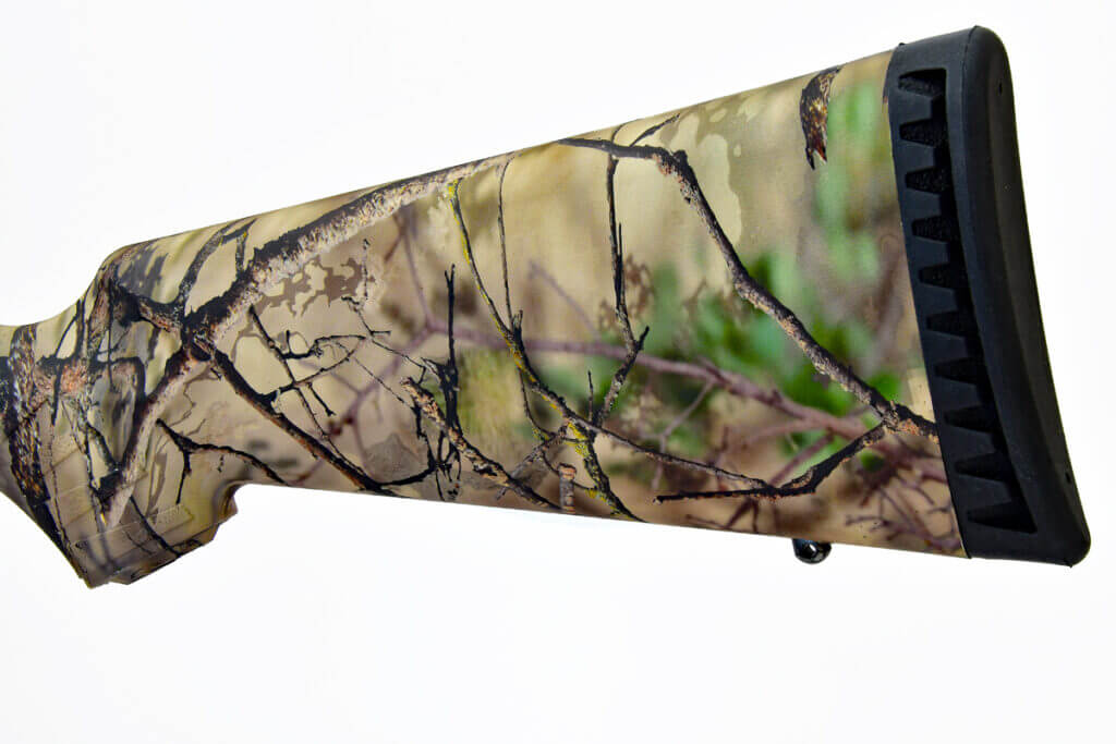 Go Wild camo pattern stock with rubber recoil pad.