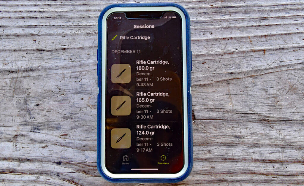 Garmin ShotView app showing groups fired with different cartridge bullet weights