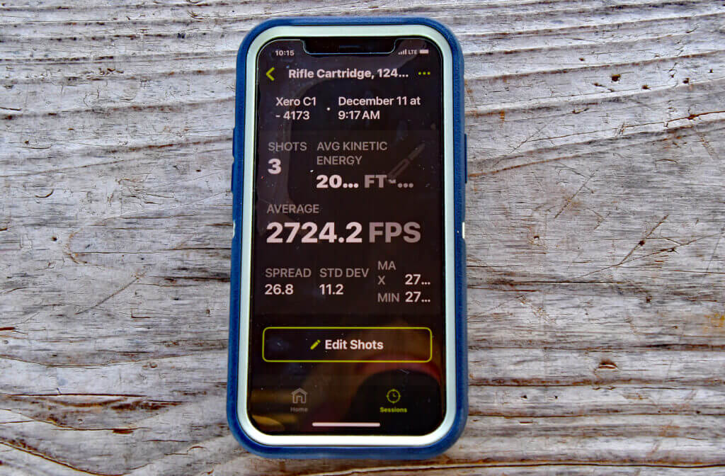 Garmin ShotView app showing data for a three-shot group