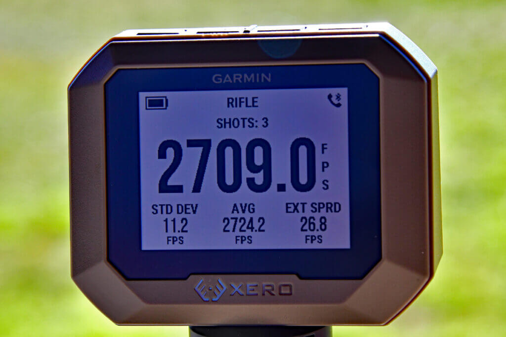 Garmin Xero C1 Pro Chronograph display showing shot velocity, average velocity, standard deviation and extreme spread