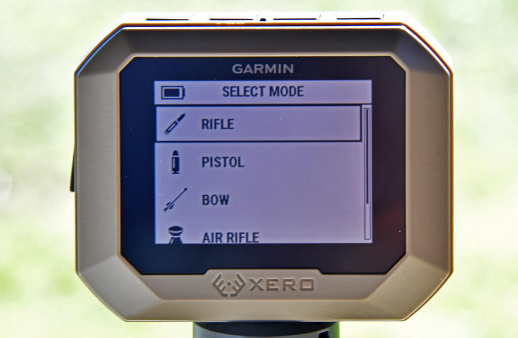 Garmin Xero C1 Pro Chronograph display with selections for rifle, pistol, bow and air rile