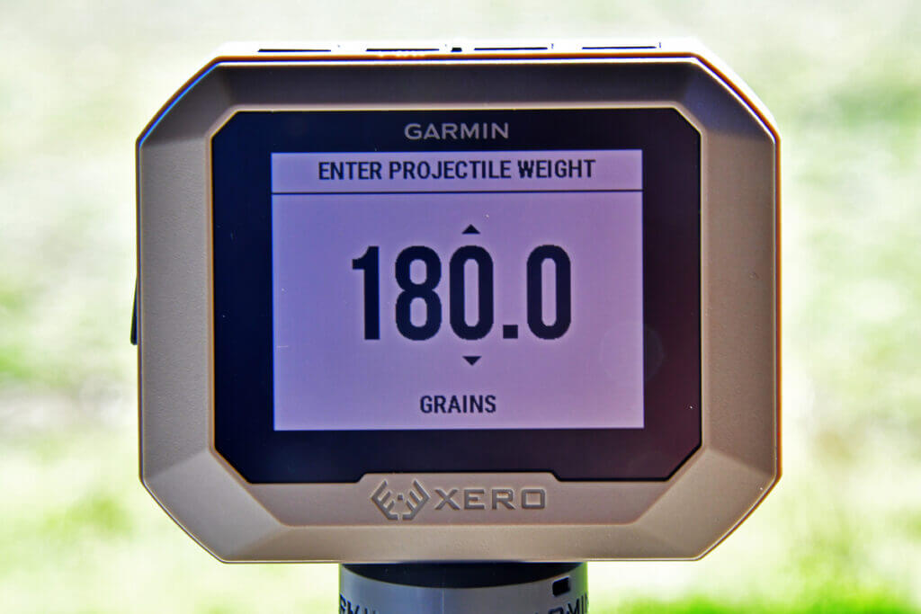 Garmin Xero C1 Pro Chronograph display showing bullet weight