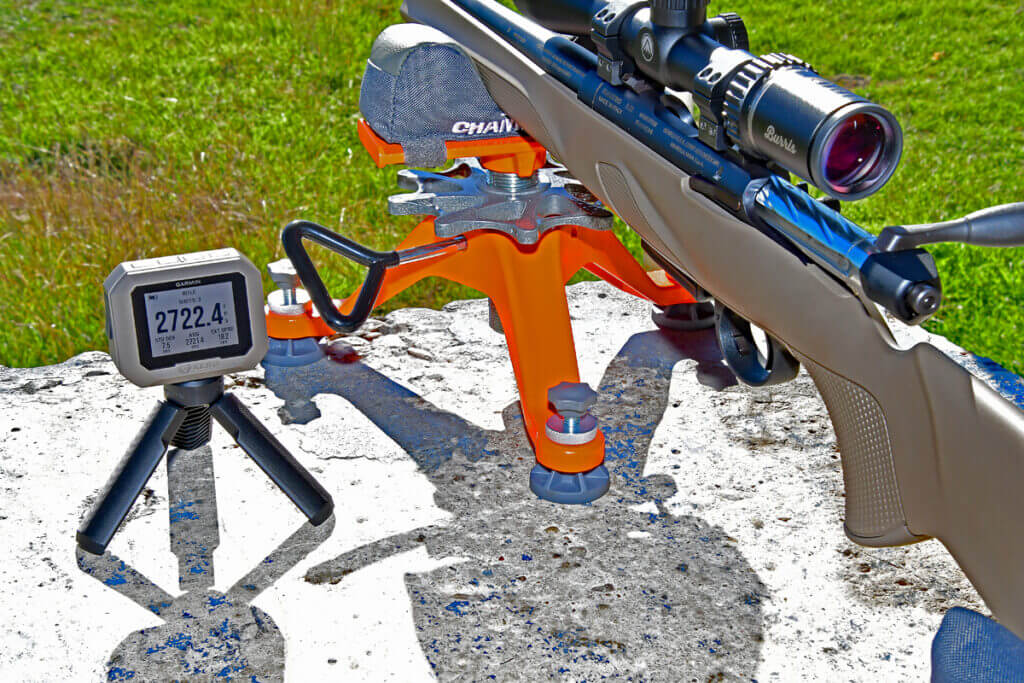 Garmin Xero C1 Pro Chronograph on shooting bench with Champion shooting rest and Benelli Lupo rifle