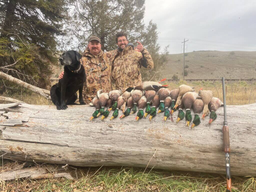 Hunters dressed in Kryptek with their hunting dog, 20-gauge shotgun, and a huge pile of duck mallards