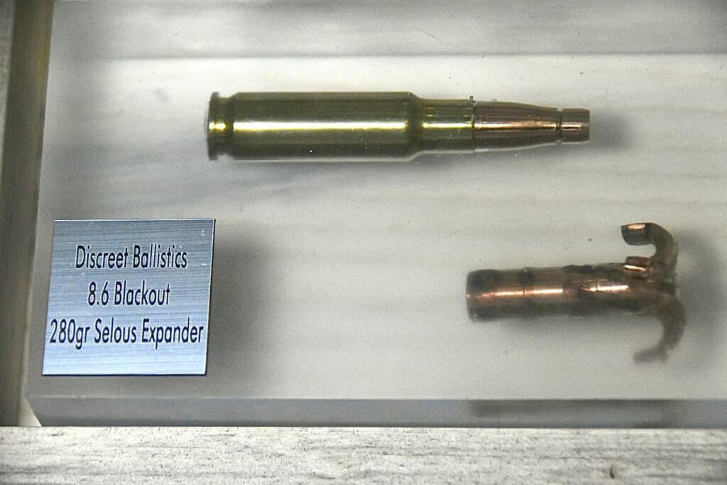 A bullet and expanded projectile lay in a gel block on display.