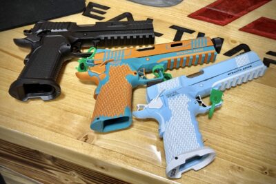 Lineup of various custom Stealth Arms Platypus models