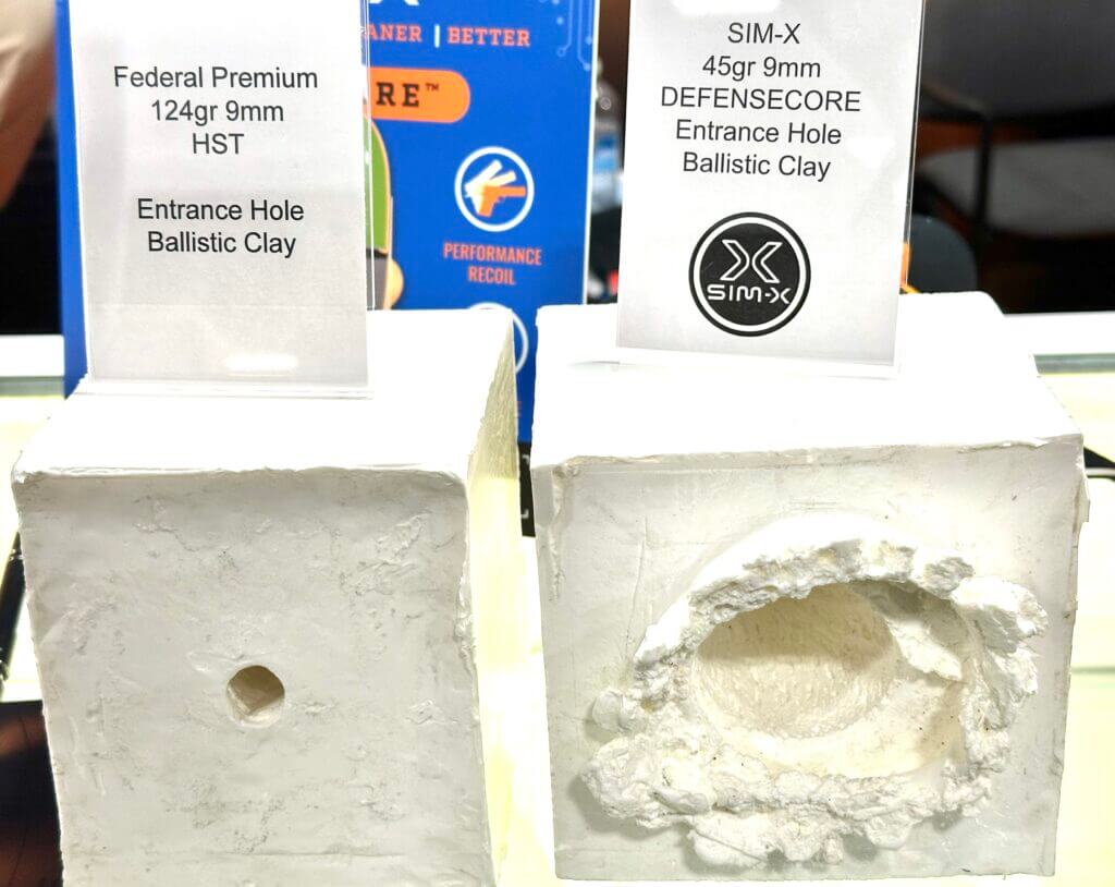 Two clay blocks show the differene in wound cavity between typical defensive 9mm ammunition and DefenseCore ammunition. The one on the left has a small 9mm hole in it while the one on the right has a fist-sized crater.