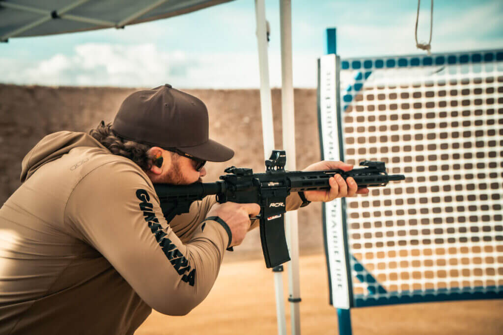 True Pearce shooting a quick stage with the RCR-24 at the Tippmann Arms booth at Staccato Range Day