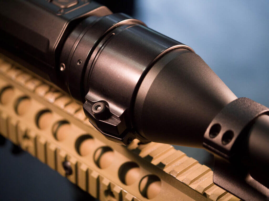 Close up of the thermal mated to the scope with ATN's bayonet mount.