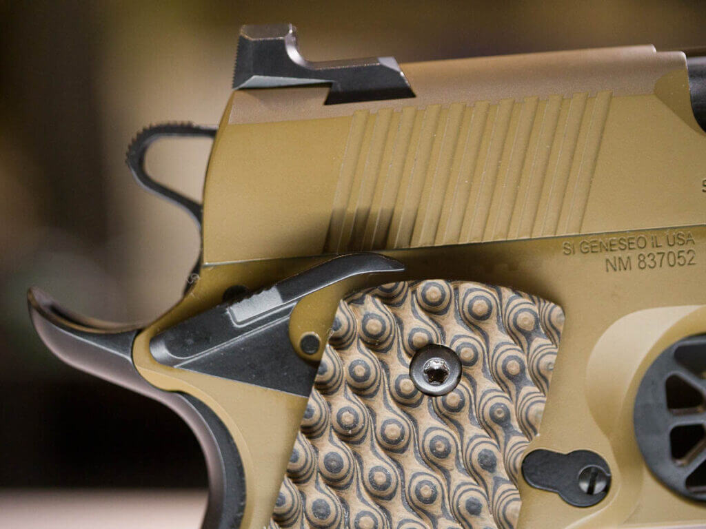Close up view of the right side of the gun showing the safety lever and hammer. The gun is pointed right.
