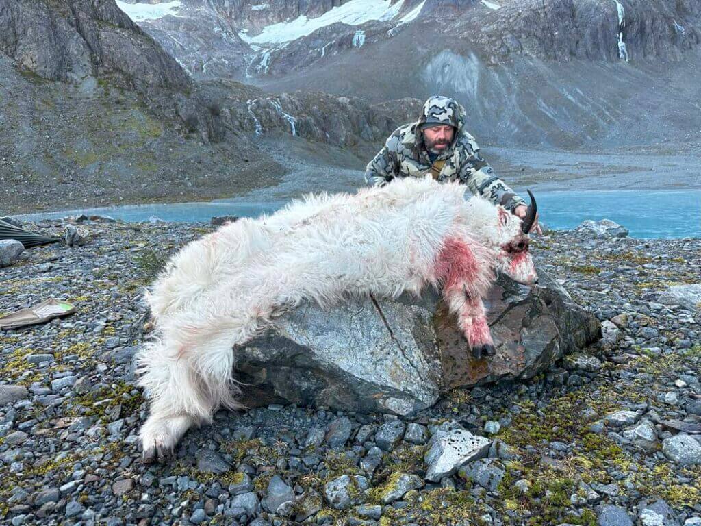 Hunter with mountain goat near rocks and lake