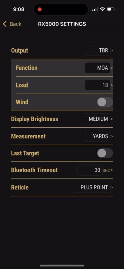 Main settings displayed on the control app for the Leupold RX-5000