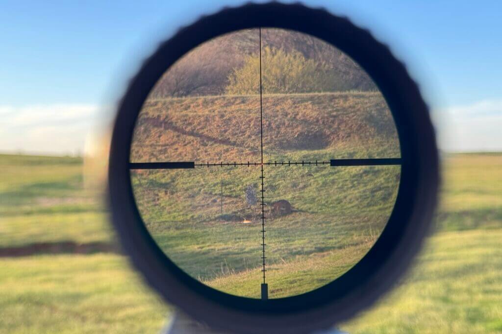 Looking through the reticle of a Vortex scope at a open field