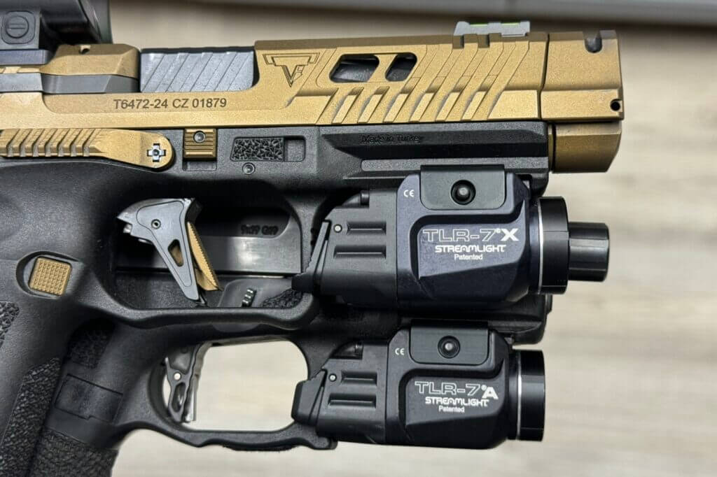 Streamlight TLR-7 X mounted to a gold Canik