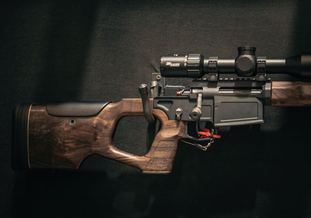 A look at the wood grip on the SIG Cross rifle. 