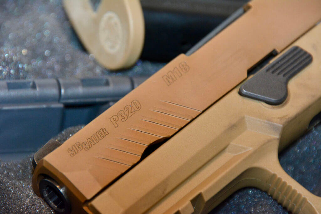 Closeup on the serrated slide of the M18 P320