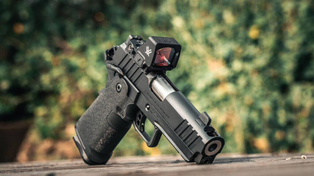 The new Springfield Armory Prodigy Comp sitting on a table. 