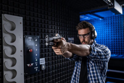 A man holding and shooting a CZ P-09 Nocturne.