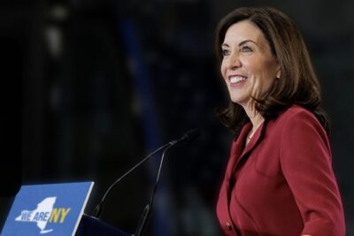 Gov. Kathy Hochul at a podium.