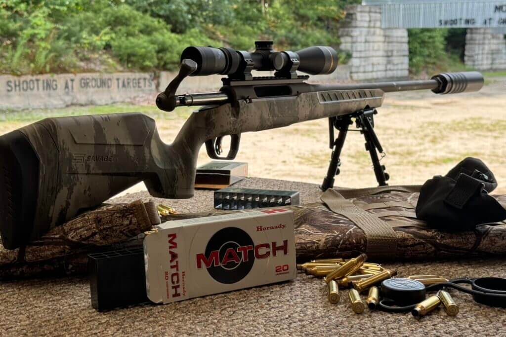 Savage AXIS 2 Pro at the range with scope and Hornady Match ammo