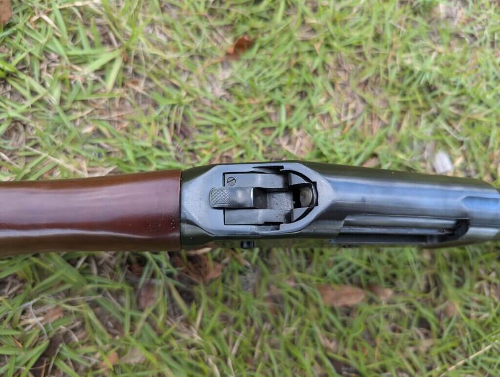 Exposed hammer on 1897 Winchester shotgun