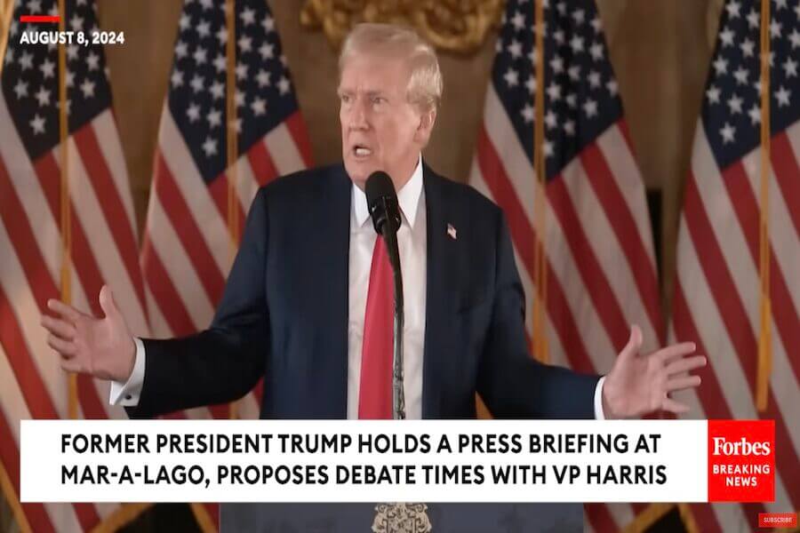 Trump at a press briefing in Mar-a-Lago