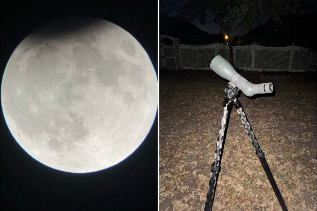 Moon through Vortex spotting scope mounted to QDT tripod