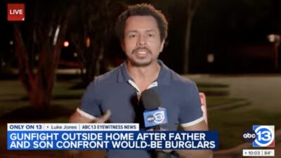 News reporter discusses shootout between business owner and suspects.