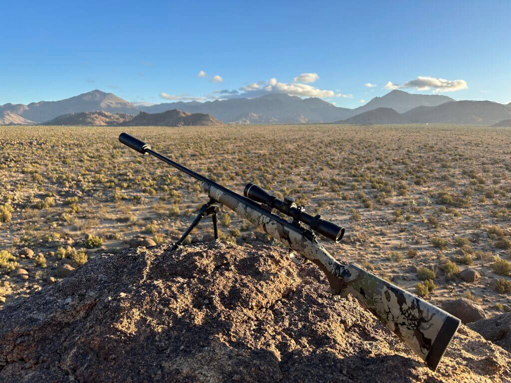 Kimber rifle, complete with Leupold scope, Banish suppressor, and Spartan bipod.