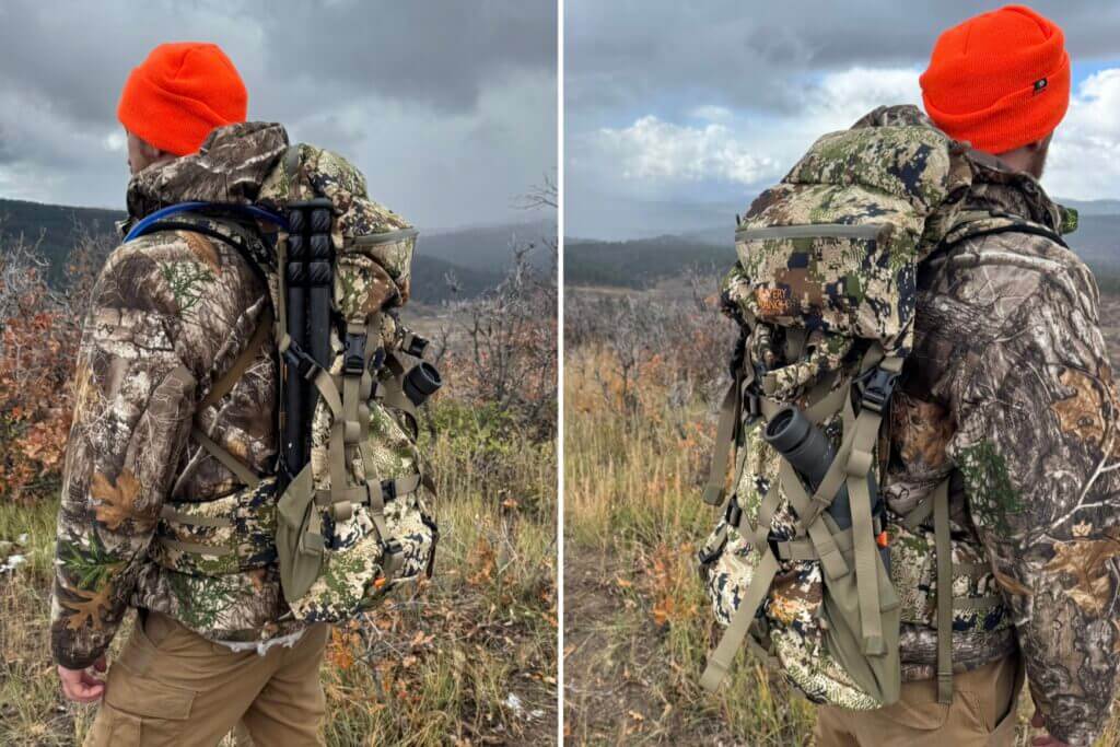 The side straps and bottle pouch are large enough to securely hold a tripod and spotting scope