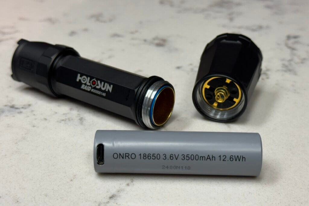 Included with the RAID is a 3500mAh 18650 rechargeable battery