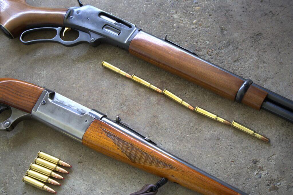 Marlin 336 lever action rifles with .30 30 cartridges and tube magazine