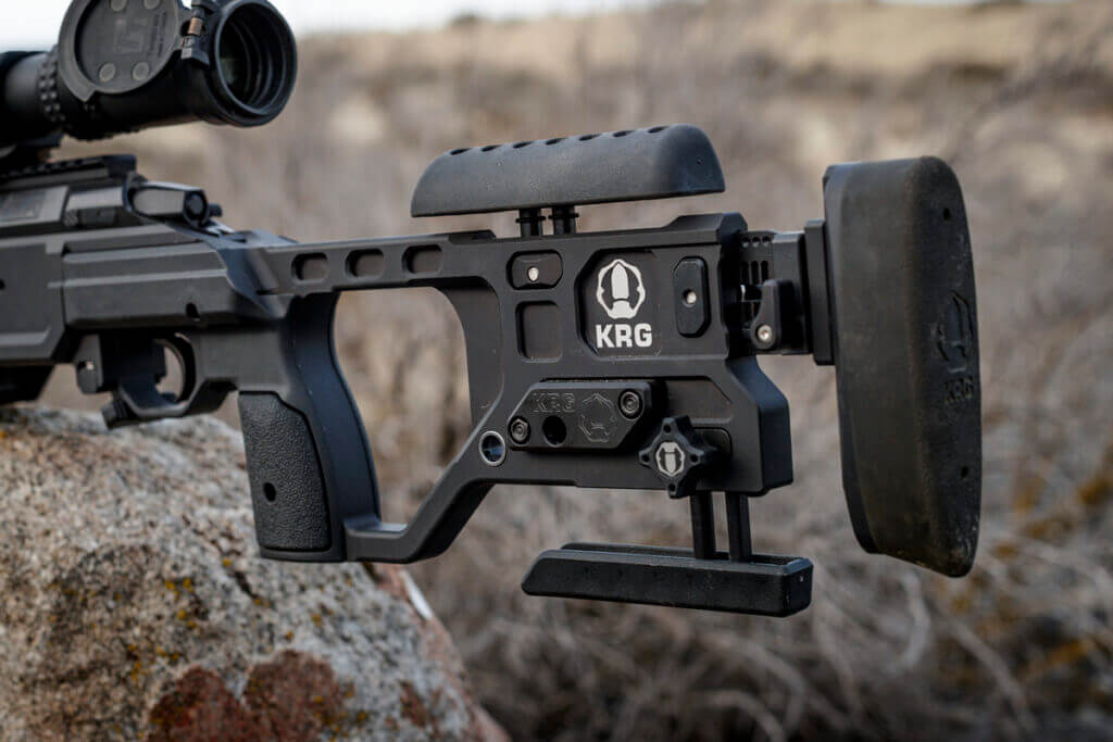 rifle butt stock featuring tool less adjustable length of pull, comb height cheek riser, and bag rider.