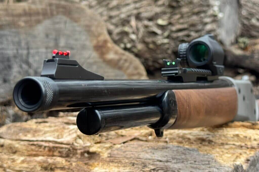 Looking down the threaded barrel of a lever action rifle