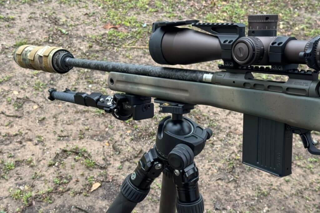 Savage 110 PPR on tripod with scope mounted