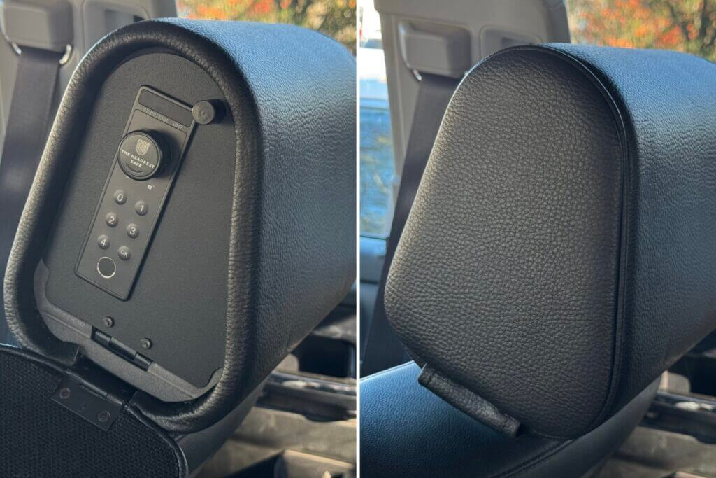 Buttons under cover to control headrest safe